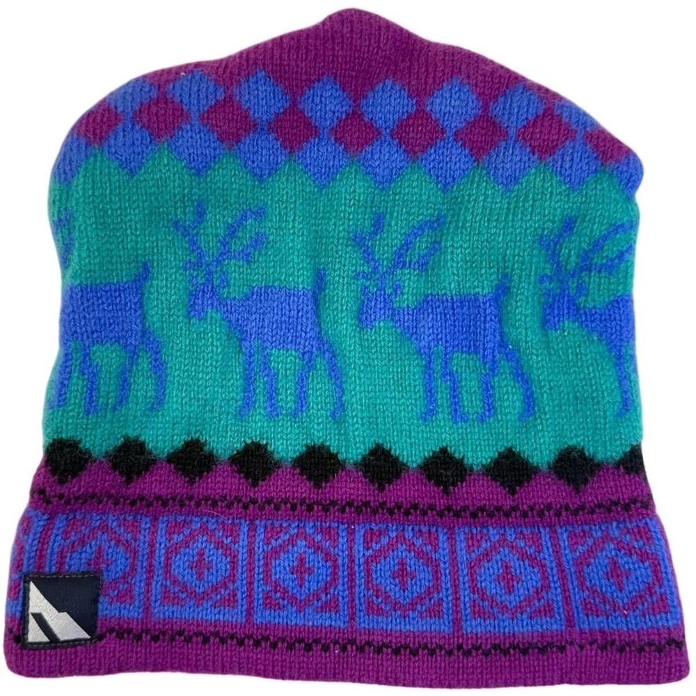 Vintage 90s Columbia Sportswear Wool Fair Isle Beanie Hat Purple Reindeer